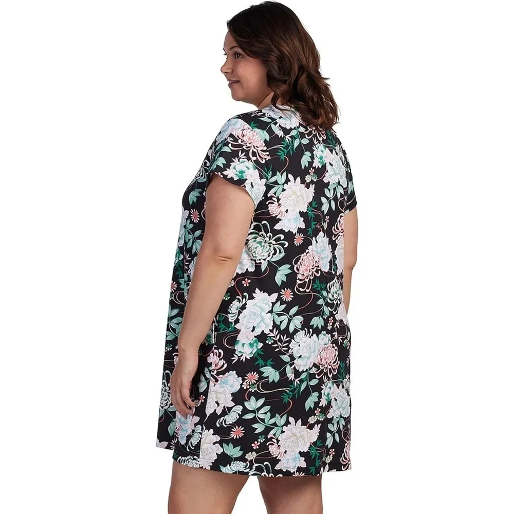 Miss Elaine Women's Interlock Knit Floral Short Robe with Snap‎ Closure - XL